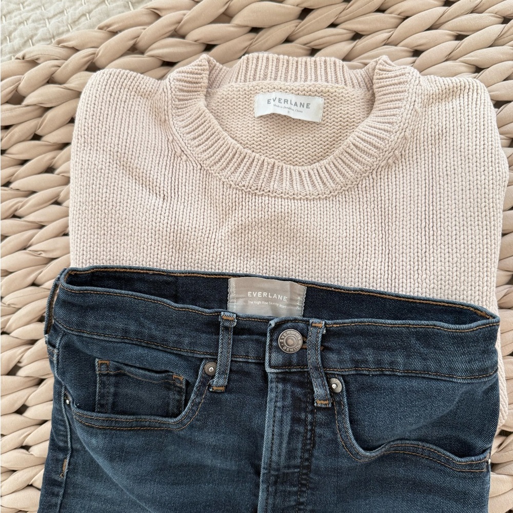 Everlane Beige Knit Sweater and Dark Denim Jeans